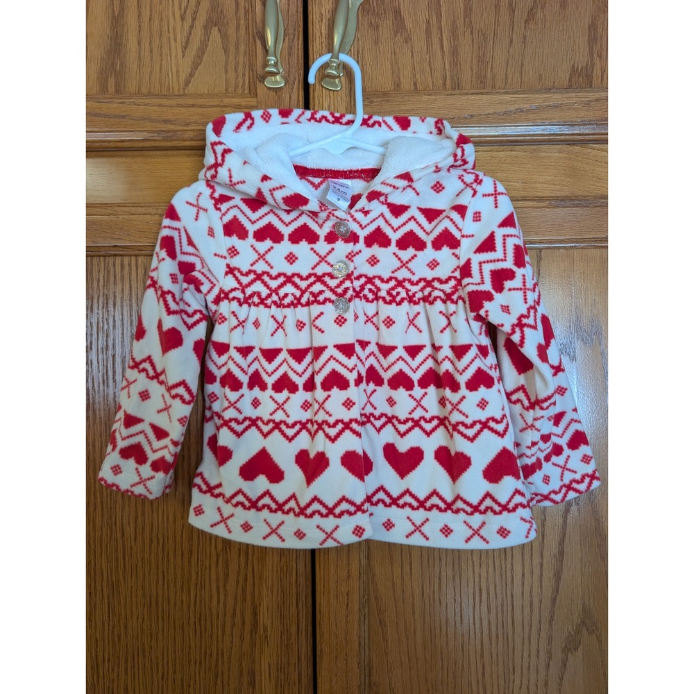 Carters Baby Girls 24M Red White Heart Fair Isle Fleece Hooded Jacket Coat 24 Mo